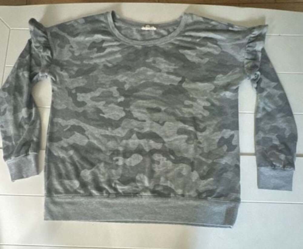 Jane and Delancey Gray Camo Ruffle Shoulder Long Sleeve Sweatshirt
